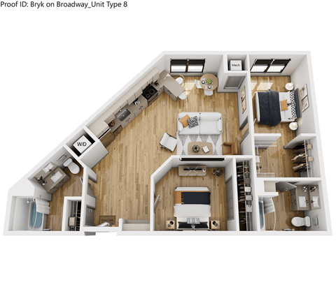 Floor plan for 2 beds, 2 baths, 1069 sqft